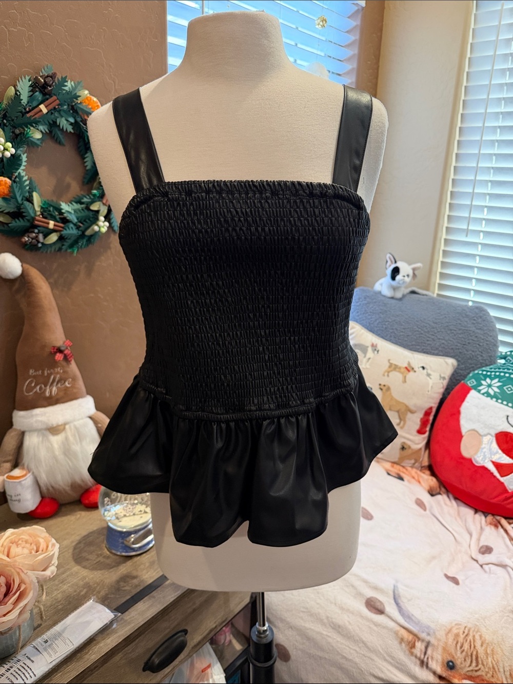 torrid Black Smocked Faux Leather Peplum Cami with Wide Straps